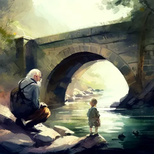 Picture of a calm river flowing under a stone bridge with an elderly man and children - Image 1