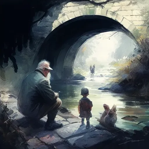 Picture of a calm river flowing under a stone bridge with an elderly man and children - Image 2