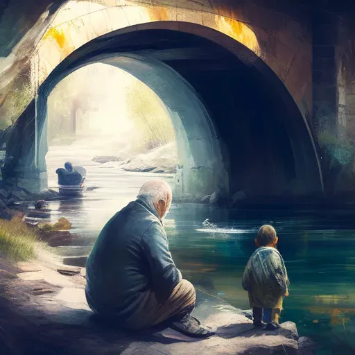 Picture of a calm river flowing under a stone bridge with an elderly man and children - Image 3