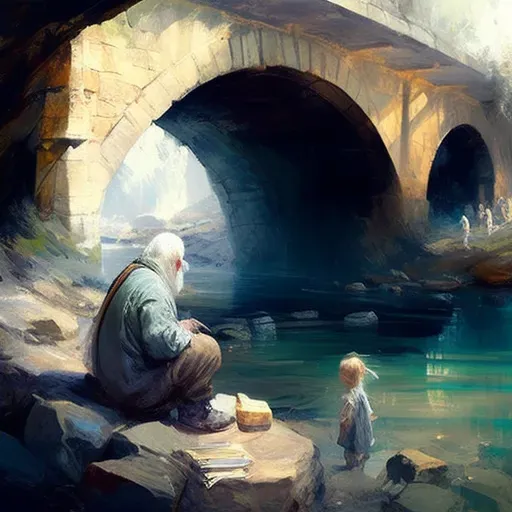 Picture of a calm river flowing under a stone bridge with an elderly man and children - Image 4