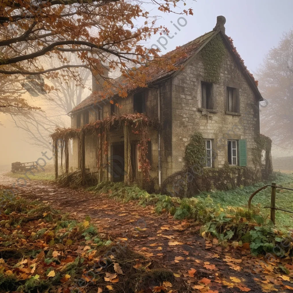 Abandoned farmhouse surrounded by autumn leaves and mist - Image 1