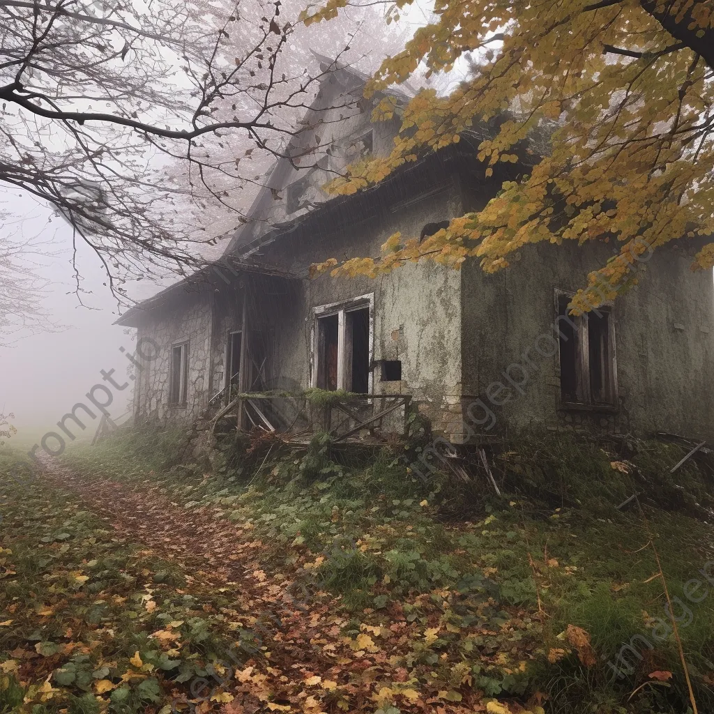 Abandoned farmhouse surrounded by autumn leaves and mist - Image 2