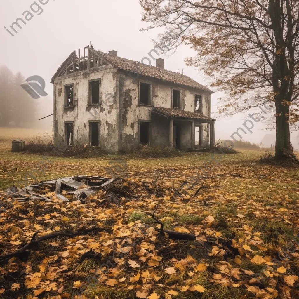 Abandoned farmhouse surrounded by autumn leaves and mist - Image 3