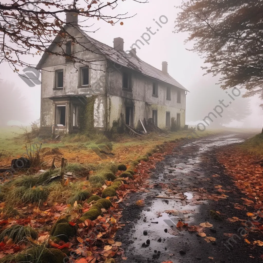 Abandoned farmhouse surrounded by autumn leaves and mist - Image 4