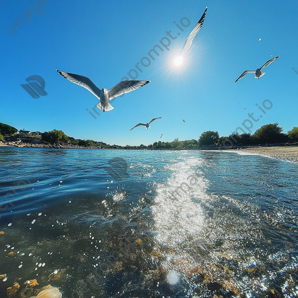 Seagulls flying over coastal estuary under blue sky - Image 1