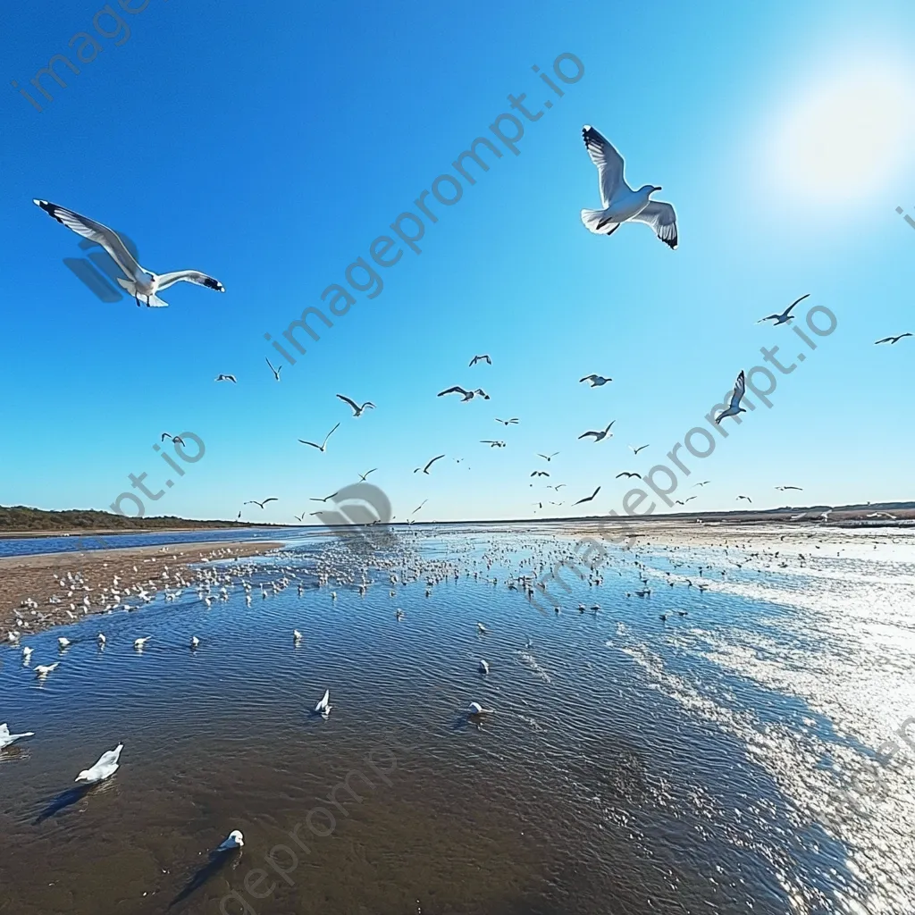 Seagulls flying over coastal estuary under blue sky - Image 2