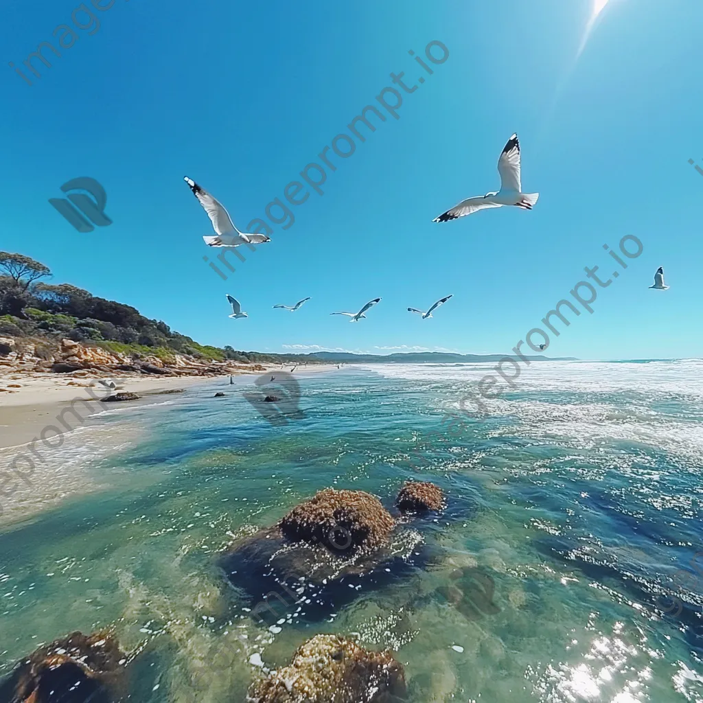 Seagulls flying over coastal estuary under blue sky - Image 3