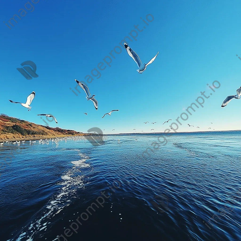 Seagulls flying over coastal estuary under blue sky - Image 4