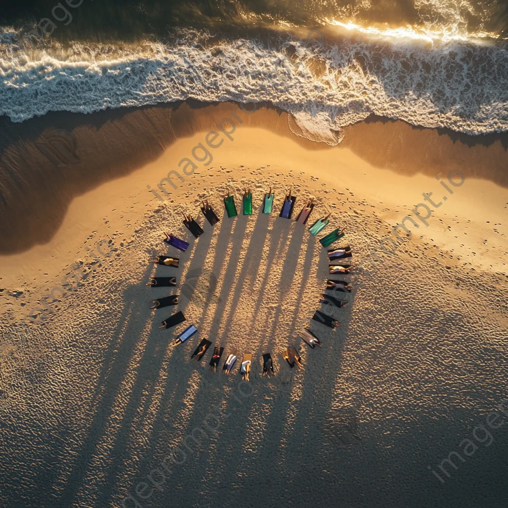 Aerial view of beach yoga session at sunset. - Image 2