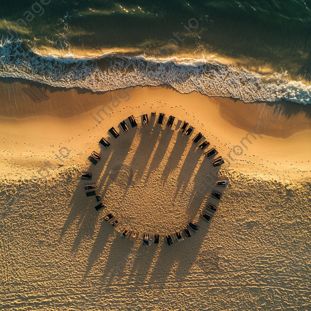 Aerial view of beach yoga session at sunset. - Image 3