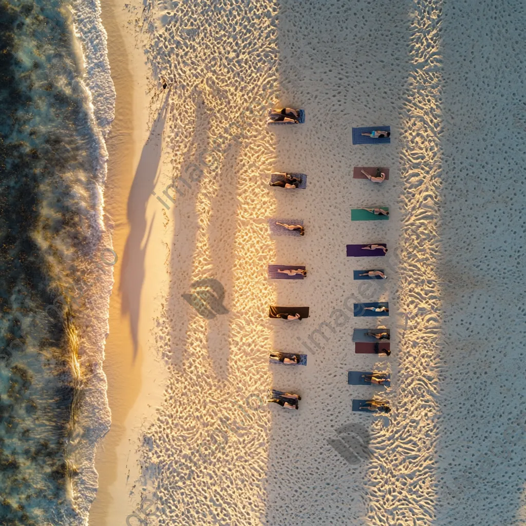 Aerial view of beach yoga session at sunset. - Image 4