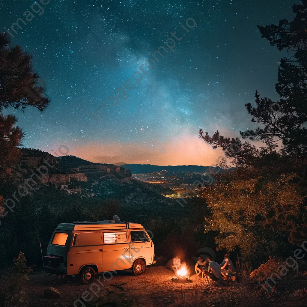 Vintage van parked at a mountain overlook under a starry sky - Image 1