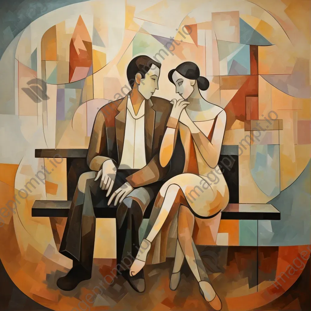 Cubist style fragmented painting of a couple sitting on a park bench - Image 1