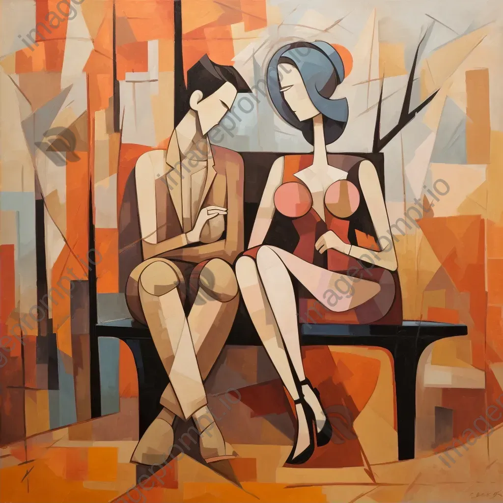 Cubist style fragmented painting of a couple sitting on a park bench - Image 2