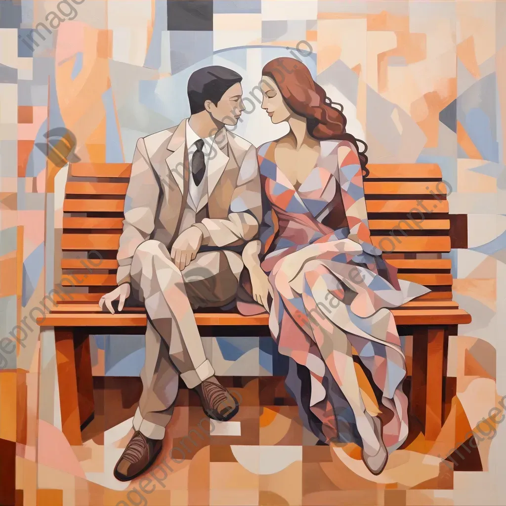 Cubist style fragmented painting of a couple sitting on a park bench - Image 4