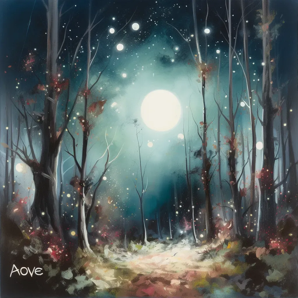 Moonlit forest with fireflies carpet under starry sky - Image 1