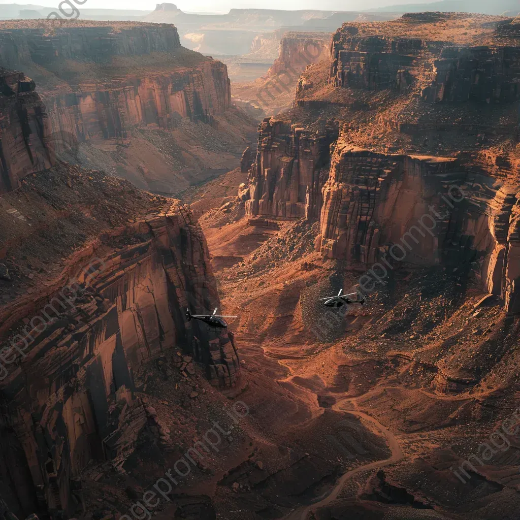 Canyon aerial view with helicopters exploring, rugged terrain scene - Image 1