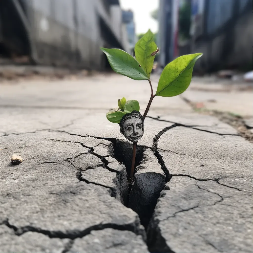 Fragile sapling pushing through cracks in concrete pavement - Image 1