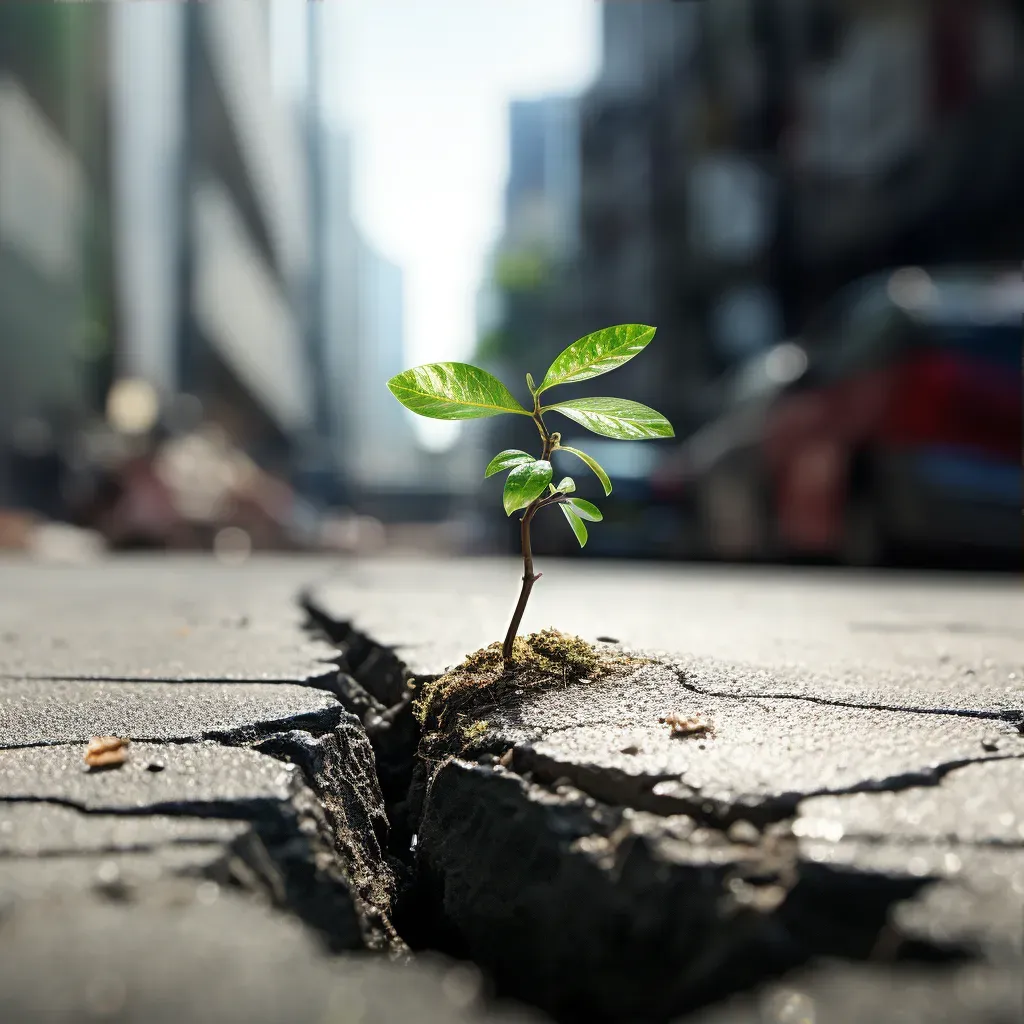 Fragile sapling pushing through cracks in concrete pavement - Image 3