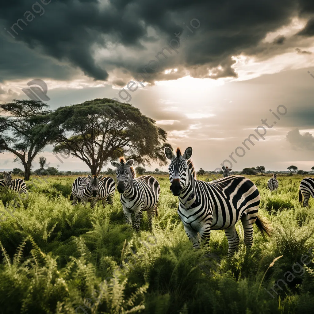 Group of zebras grazing in a green meadow. - Image 2