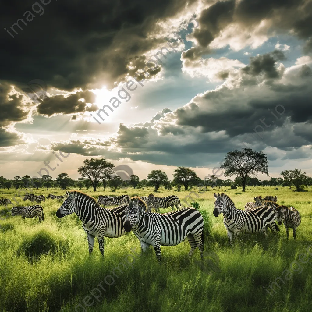 Group of zebras grazing in a green meadow. - Image 3