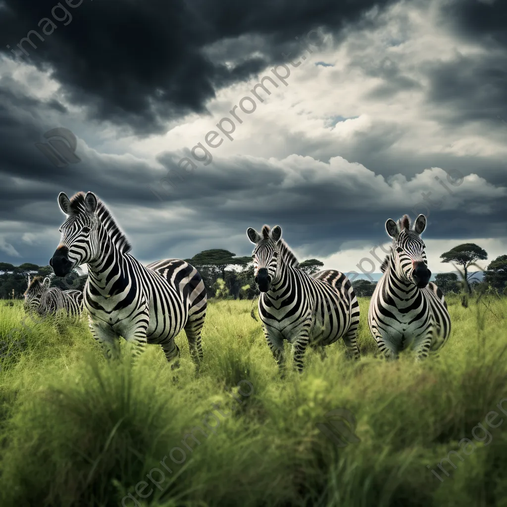 Group of zebras grazing in a green meadow. - Image 4