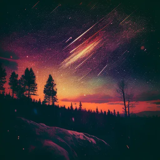 Meteor shower with streaks of light across the night sky over an untouched wilderness - Image 2