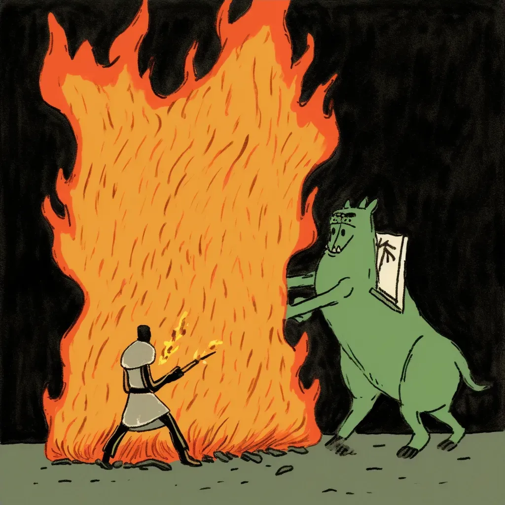 Image of bonfire flames showing a knight slaying a monstrous beast in a vision - Image 4