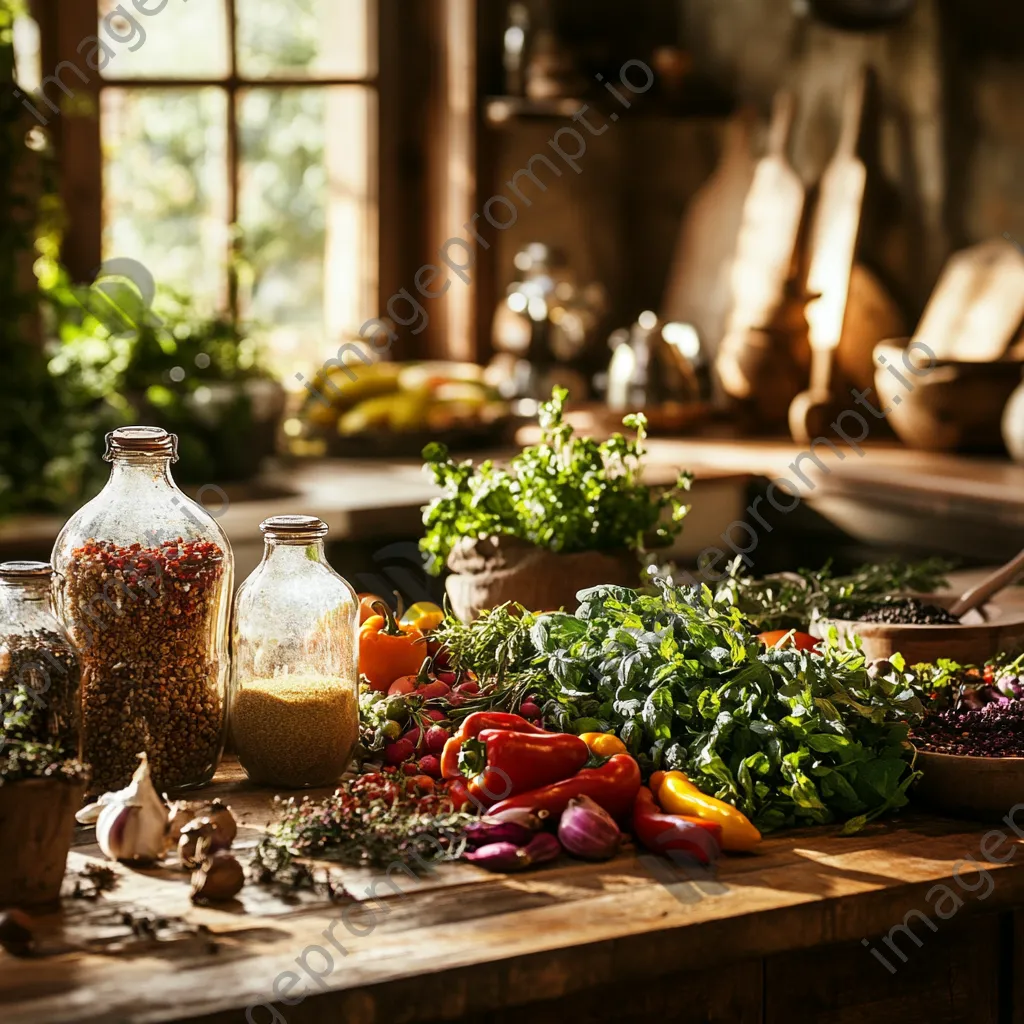 Rustic kitchen counter with fresh herbs and colorful vegetables - Image 2