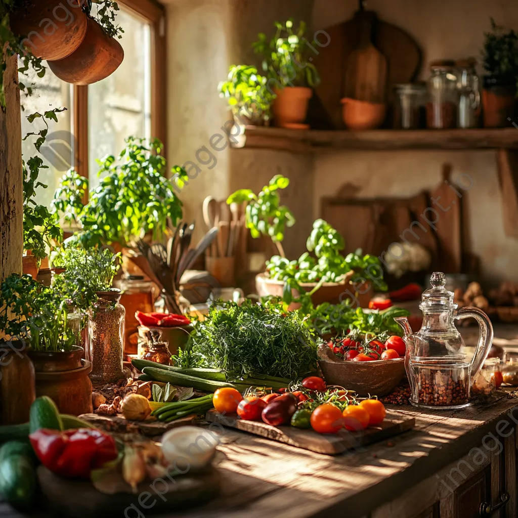 Rustic kitchen counter with fresh herbs and colorful vegetables - Image 3