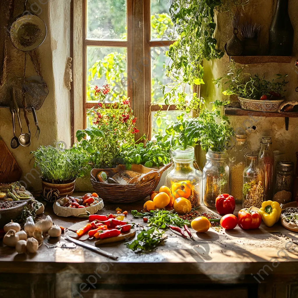 Rustic kitchen counter with fresh herbs and colorful vegetables - Image 4