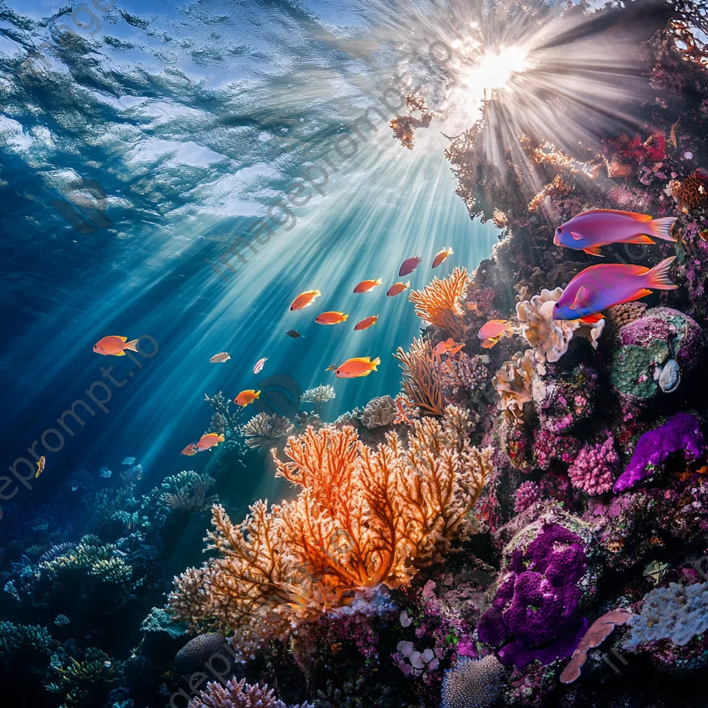 Underwater scene with a school of tropical fish swimming around colorful corals. - Image 1