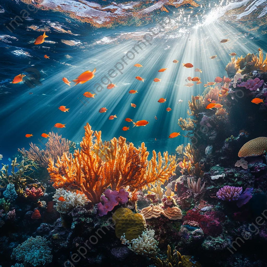 Underwater scene with a school of tropical fish swimming around colorful corals. - Image 2