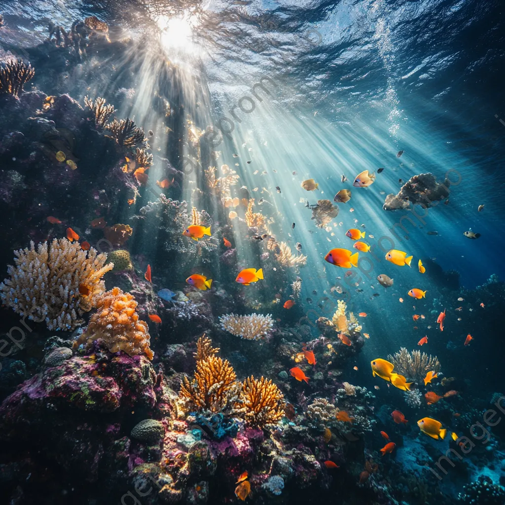 Underwater scene with a school of tropical fish swimming around colorful corals. - Image 3