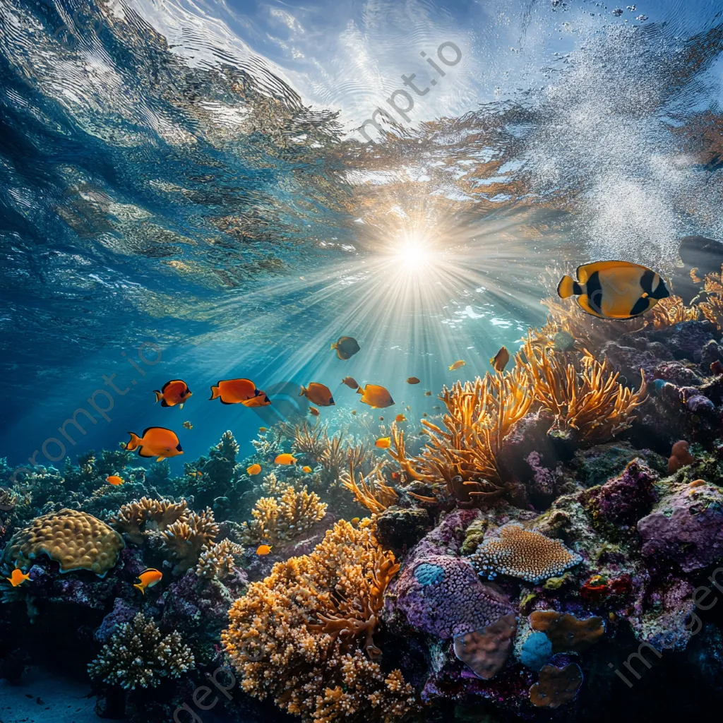 Underwater scene with a school of tropical fish swimming around colorful corals. - Image 4