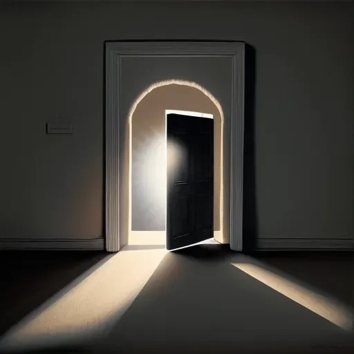 Open door in a dark room with sunlight shining through - Image 1