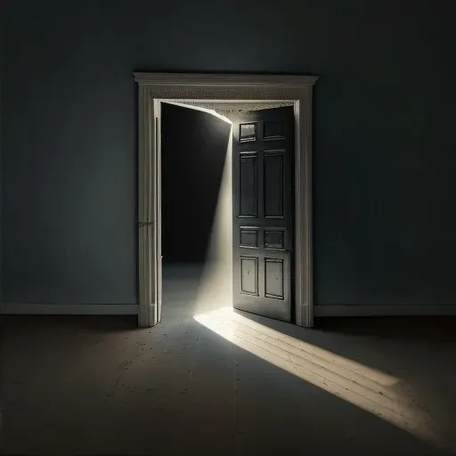 Open door in a dark room with sunlight shining through - Image 2