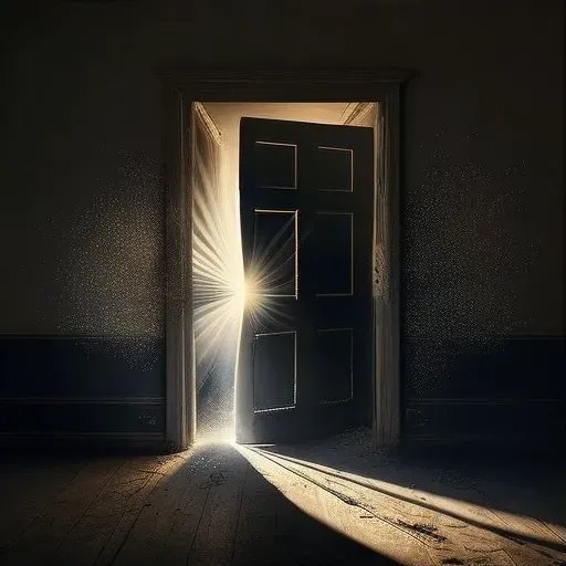 Open door in a dark room with sunlight shining through - Image 3