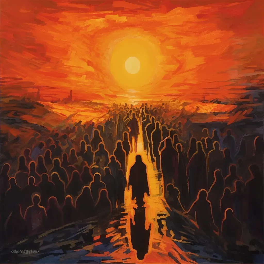 Refugees crossing border under glowing sunrise - Image 2