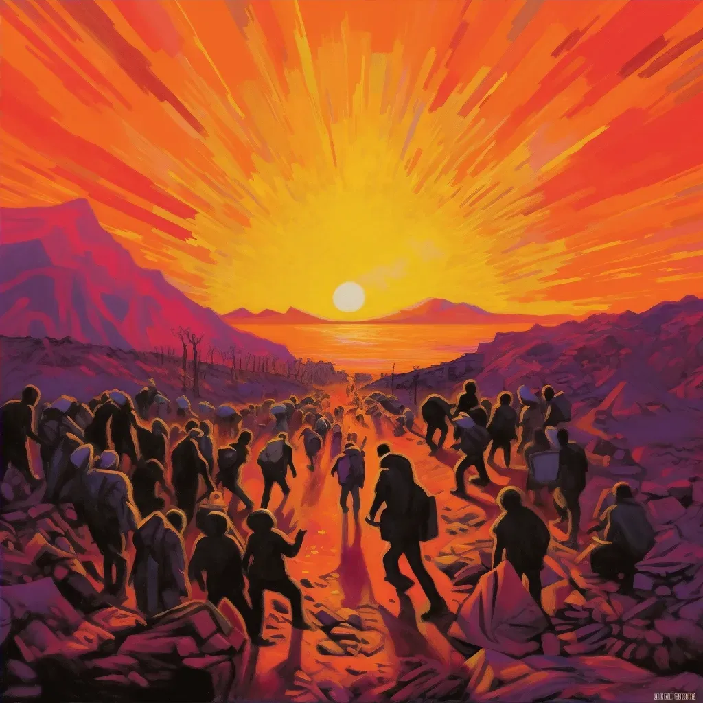 Refugees crossing border under glowing sunrise - Image 4