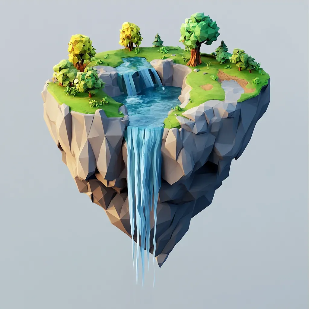 Low poly isometric view of a mythical floating island with cascading waterfall - Image 3