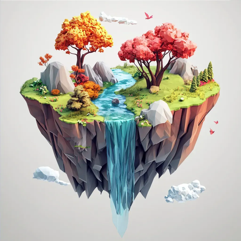 Low poly isometric view of a mythical floating island with cascading waterfall - Image 4