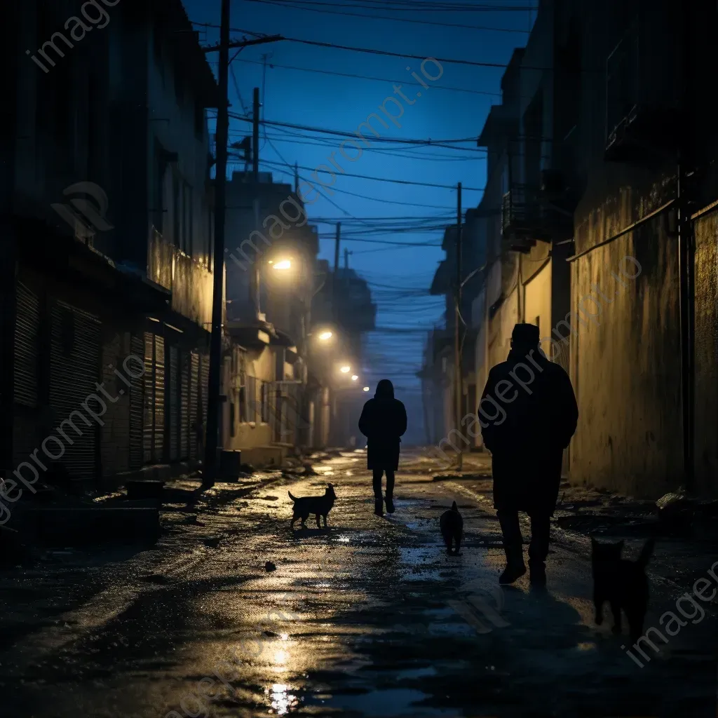 Black and white urban alley at night with people and cats - Image 1