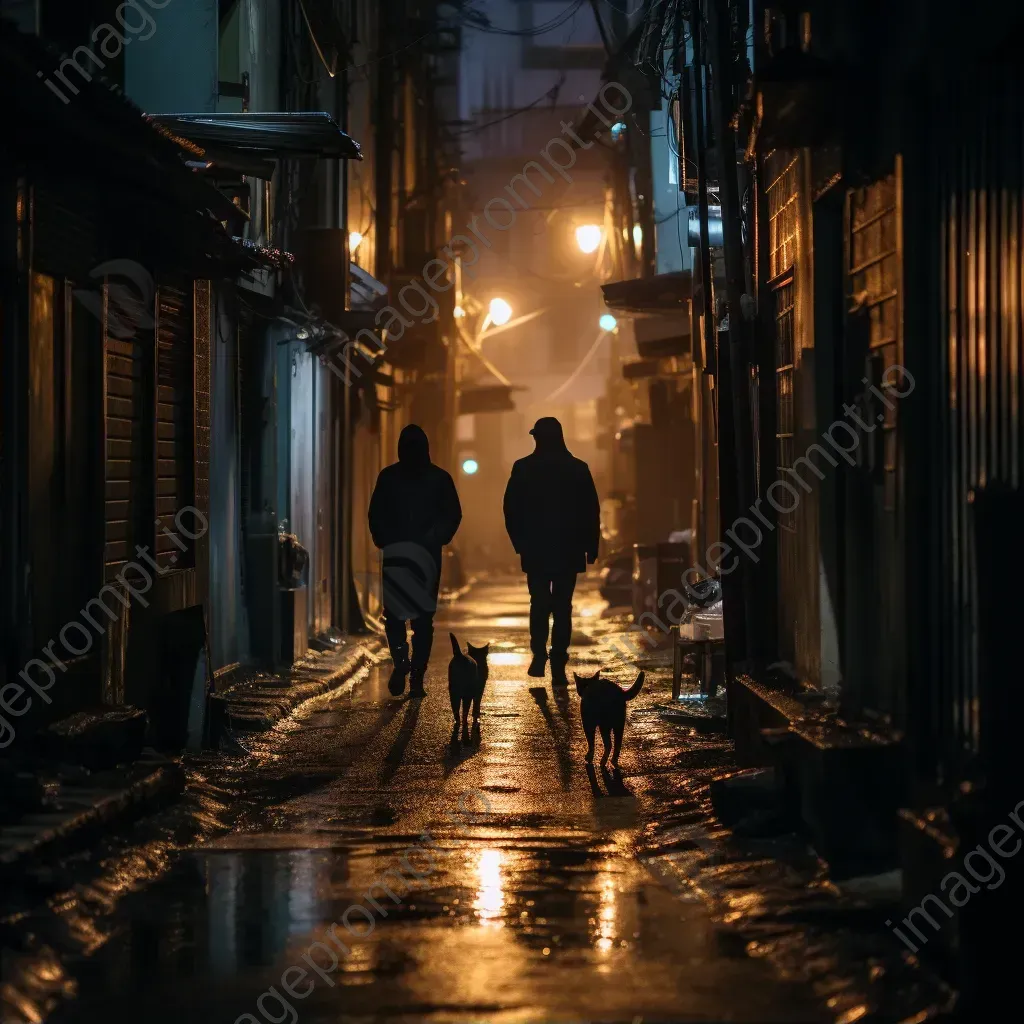 Black and white urban alley at night with people and cats - Image 2