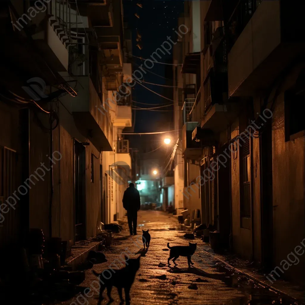 Black and white urban alley at night with people and cats - Image 3