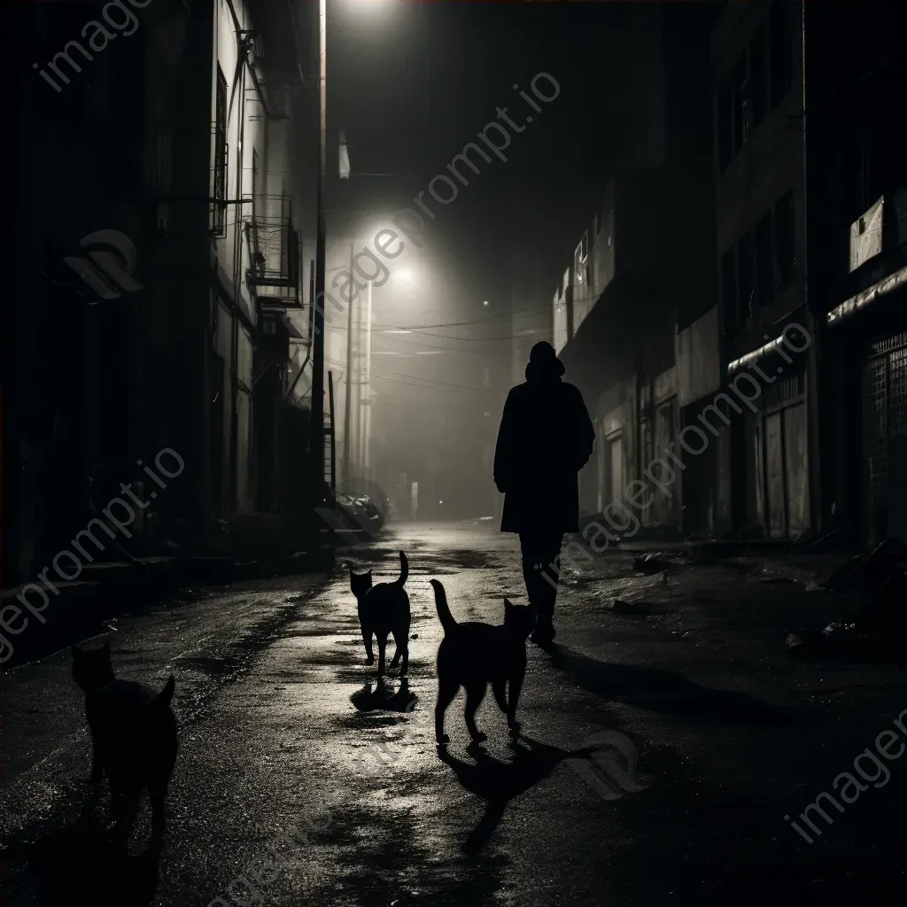 Black and white urban alley at night with people and cats - Image 4