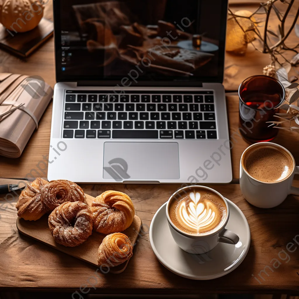 Flat lay of coffee cups, pastries, and work items on a table - Image 1