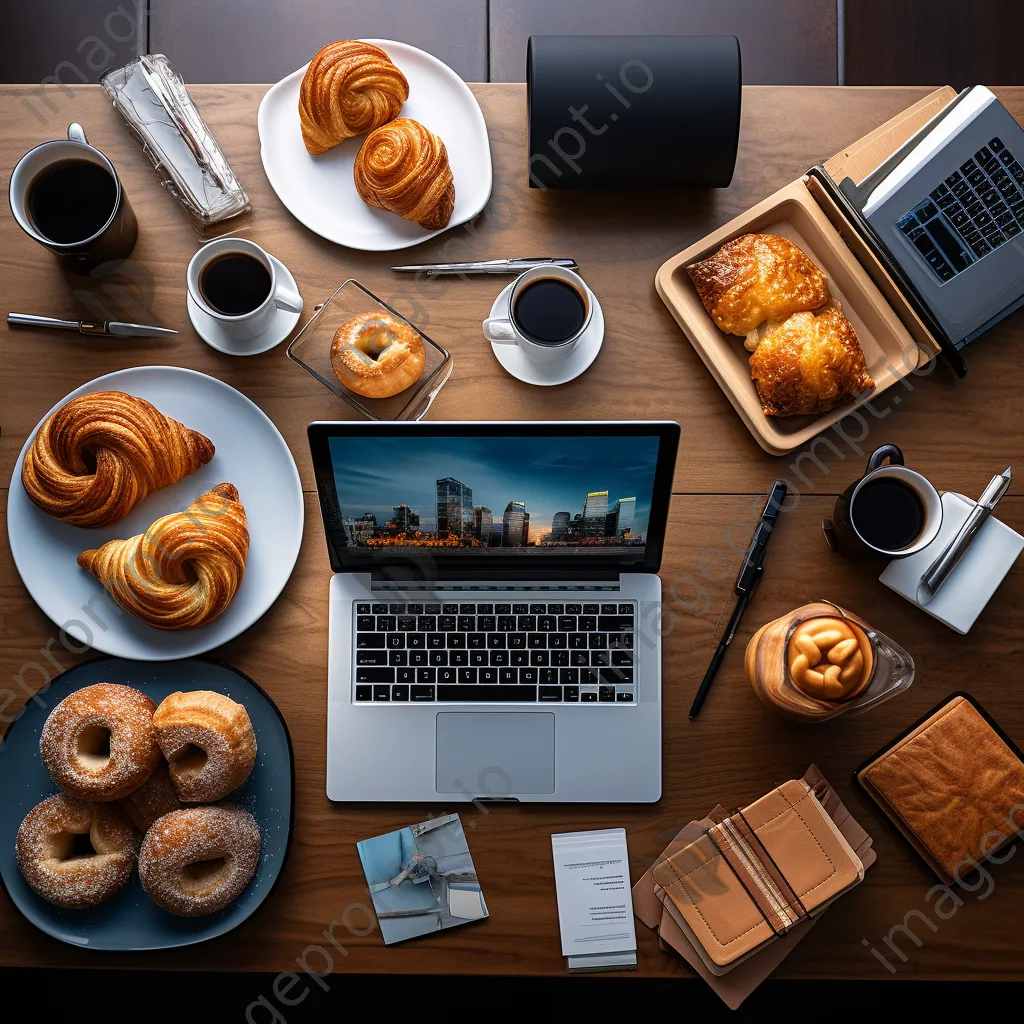 Flat lay of coffee cups, pastries, and work items on a table - Image 2