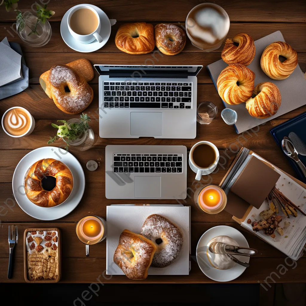 Flat lay of coffee cups, pastries, and work items on a table - Image 4