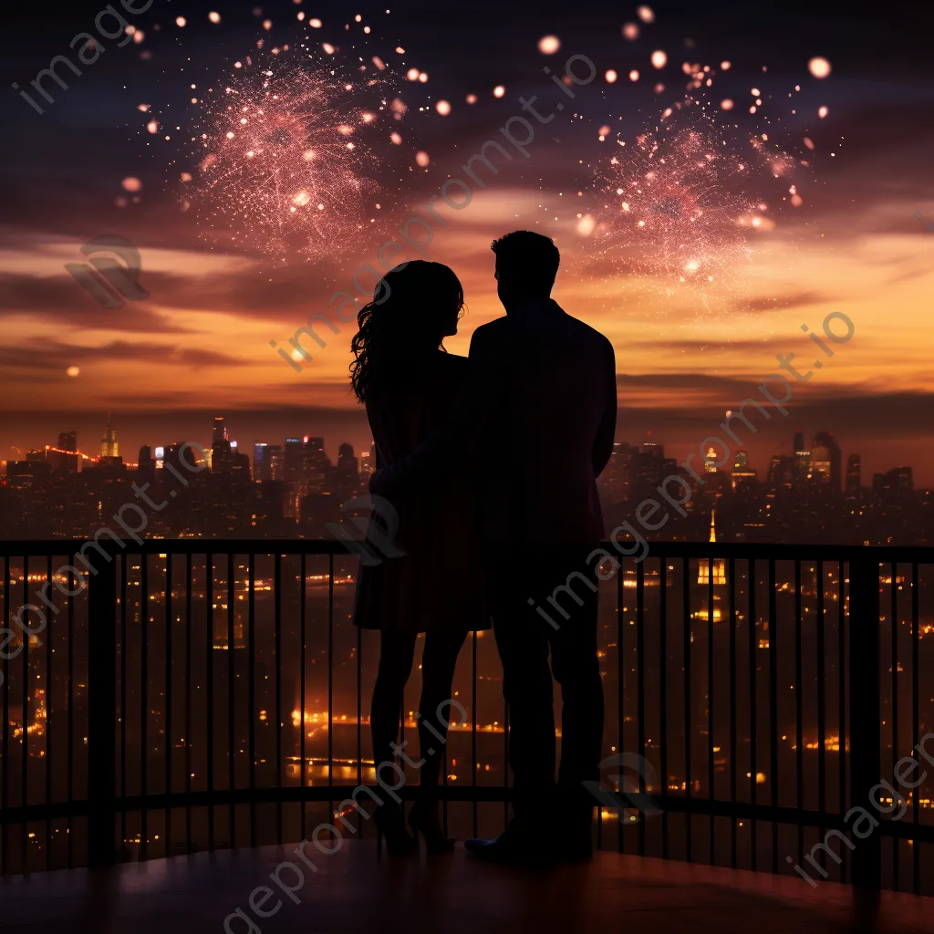 Couple silhouetted against the city skyline enjoying fireworks on New Year